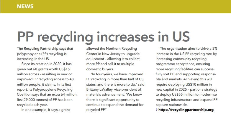 Aumenta el reciclaje de PP en EE.UU.
